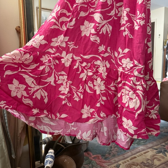 Japna NWT Pink and Cream Botanical Spaghetti Strap Smock Waist Midi Dress - Picture 5 of 8